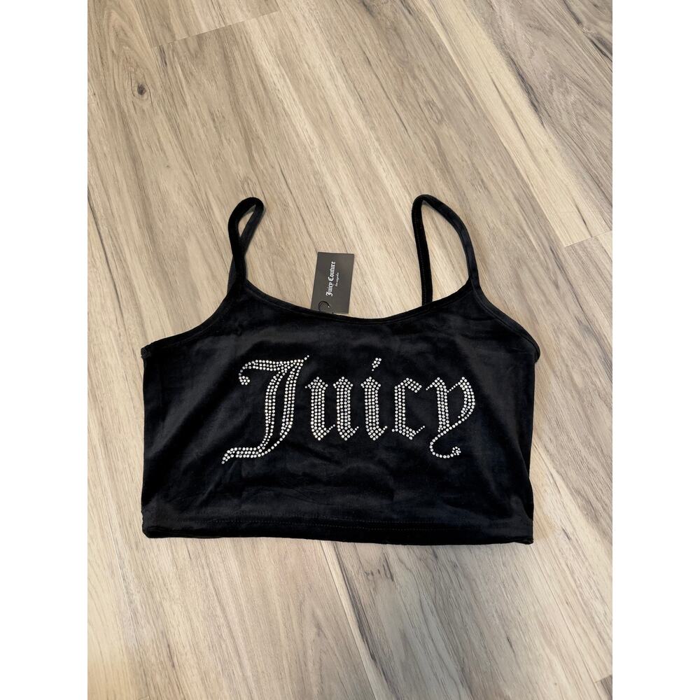 NWT Juicy Couture Women's L Black Velour Tank Crop Rhinestones Logo Y2K Velvet